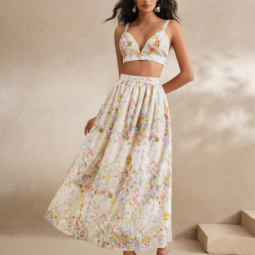 Multicolor Elegant Floral Women's Sexy Camisole Top & Long Skirt Set - Picture 6 of 7